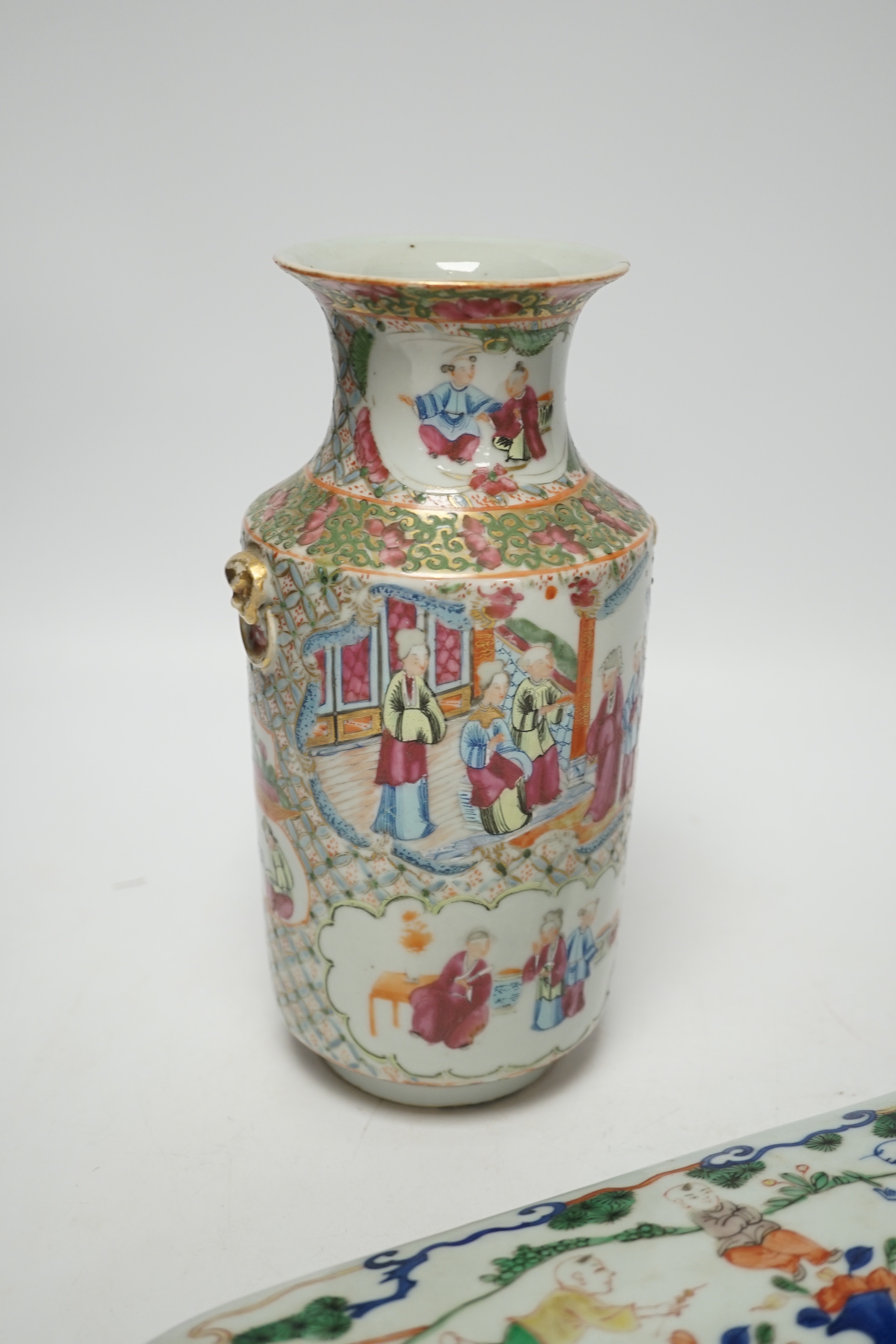 A Chinese famille rose vase and a porcelain cover decorated with children, largest 33cm wide